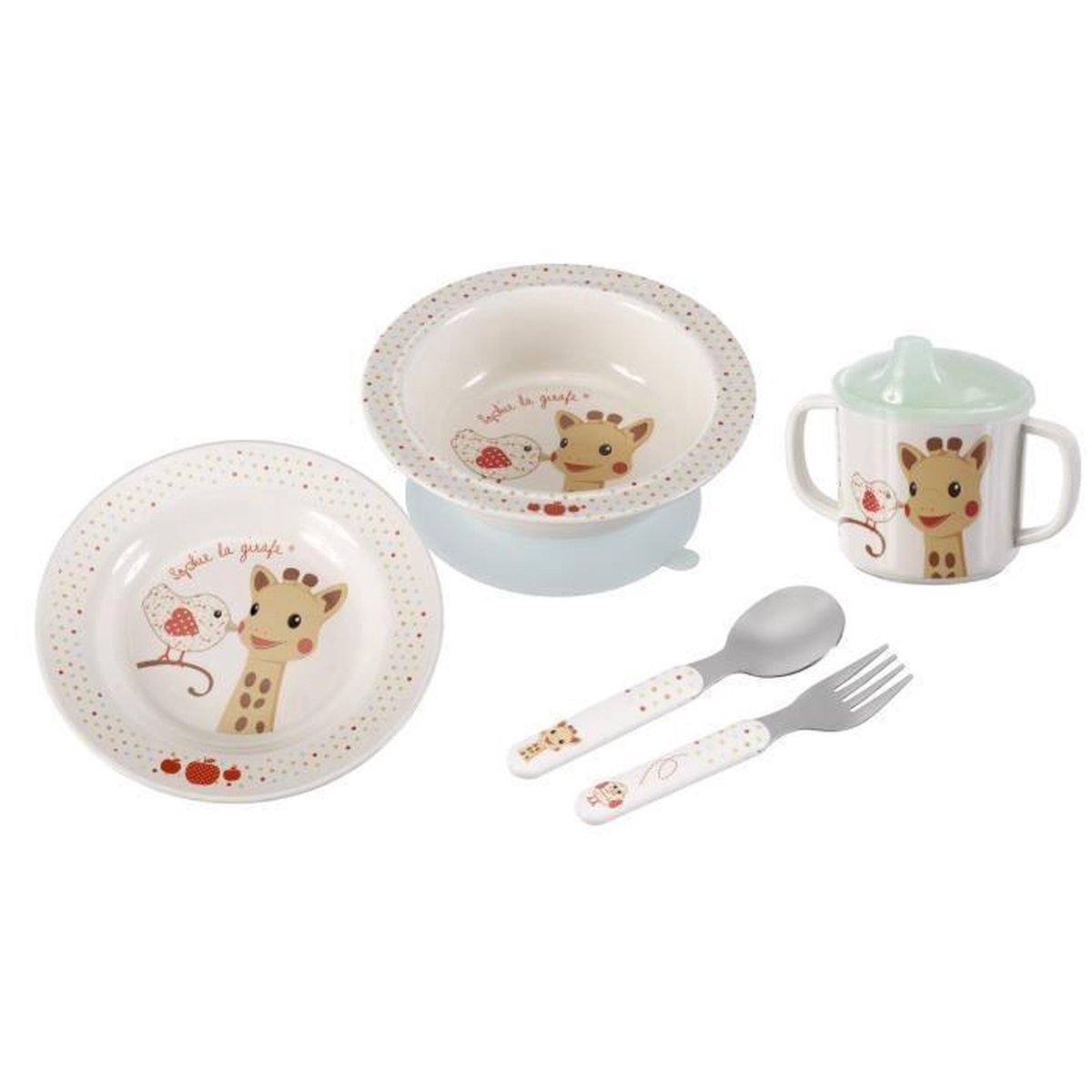 Goedkoopste Sophie de giraf Maaltijdset - Kinder servies - Kinderbord - Drinkbeker - Kom - Kinder bestek - Vaatwasser bestendig - Vanaf 6 maanden - 5-Delig - Beige/Rood