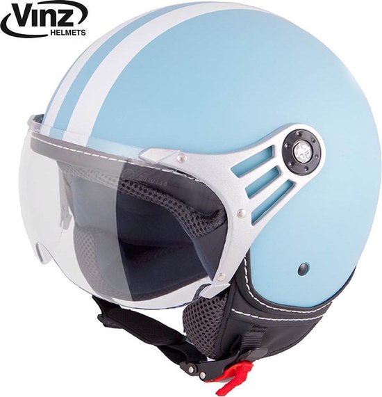VINZ Fiori Jethelm Mat Licht Blauw met Witte Strepen / Scooterhelm / Brommerhelm / Motorhelm / Fashionhelm voor Scooter / Vespa / Brommer / Motor