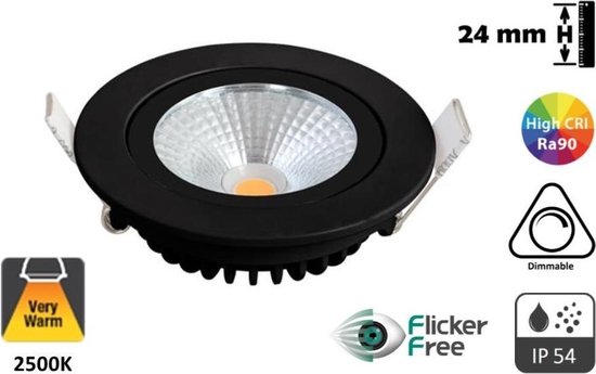 Spot LED intégré 5w plat, 450 lumens, 2500K, inclinable, IP54, dimmable, CRI90, luminaire noir, taille du trou 75mm,