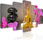 Schilderijen Op Canvas - Schilderij - Golden Buddha and orchids 100x50 - Artgeist Schilderij