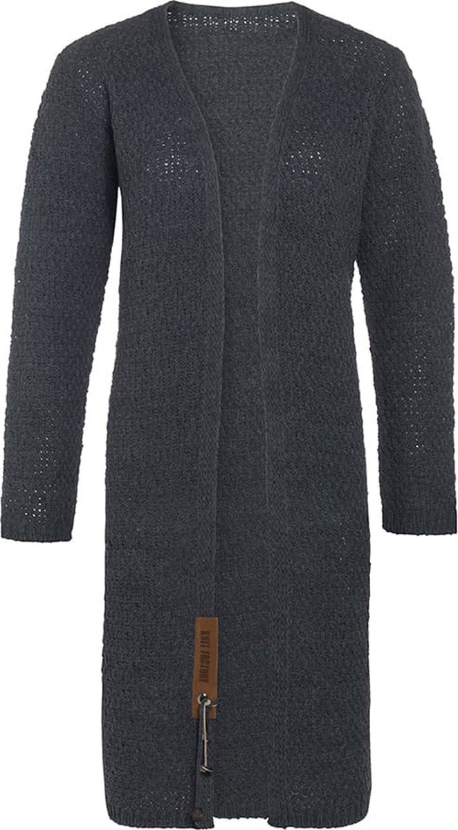 Knit Factory Luna Lang Gebreid Vest Antraciet - Gebreide dames cardigan - Lang vest tot over de knie - Donkergrijs damesvest gemaakt uit 30% wol en 70% acryl - 40/42
