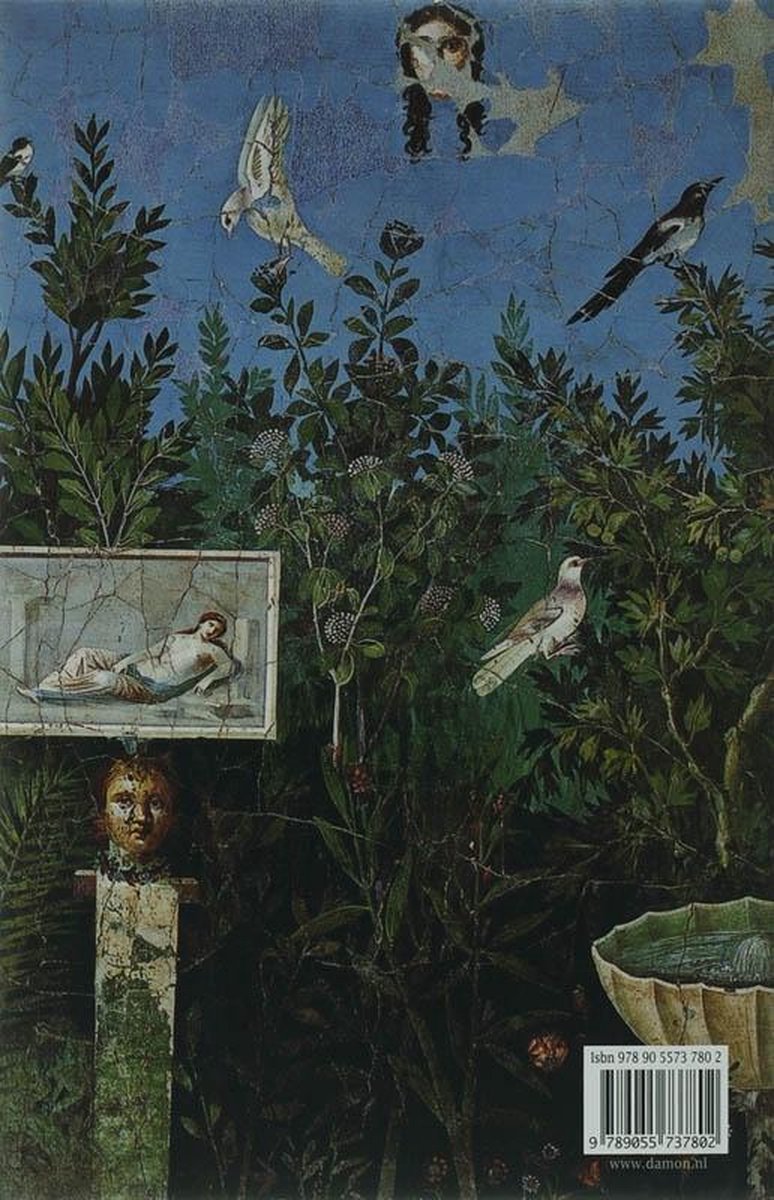 Gedetailleerde muurschildering met levendige planten, vogels en Romeinse beelden. Een boek ISBN 978 90 5573 780 2.