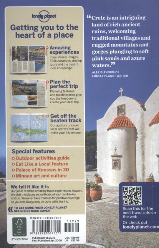 Achterkant Lonely Planet reisgids Kreta met beschrijvingen van de inhoud, kaarten en foto's van Kretenzische architectuur.