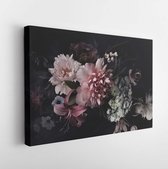 Vintage flowers. Peonies, tulips, lily, hydrangea on black. Floral background. Baroque style floristic illustration. - Modern Art Canvas - Horizontal - 1383694610 - 115*75 Horizont