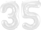 De Ballonnenkoning - Folieballon Cijfer 35 Wit Metallic Mat - 86 cm
