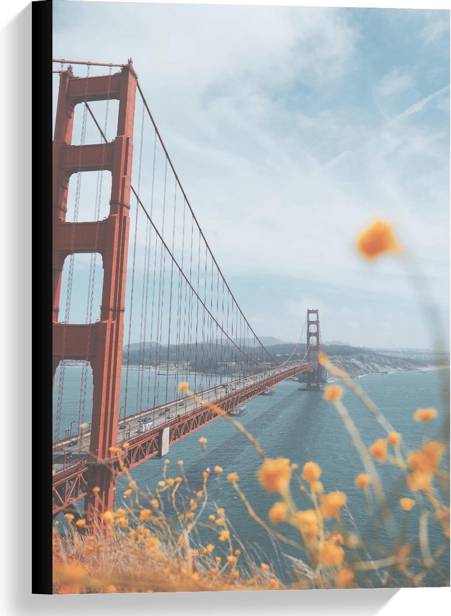 KuijsFotoprint Canvas - Golden Gate Bridge in Californië - 40x60cm Foto op Canvas Schilderij (Wanddecoratie op Canvas) Blauw
