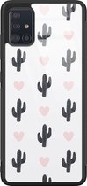 Samsung A51 hoesje glas - Cactus hartjes - Hard Case - Zwart - Backcover - Natuur - Roze