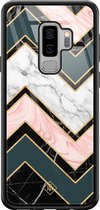 Samsung S9 Plus hoesje glass - Marmer triangles | Samsung Galaxy S9+ case | Hardcase backcover zwart