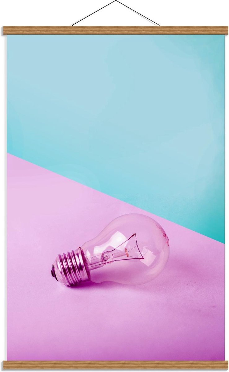 Schoolplaat – Gloeilamp Roze/Blauwe Achtergrond - 60x90cm Foto op Textielposter (Wanddecor