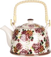 Clayre & Eef Theepot met Filter 600 ml Meerkleurig Porselein Rond Bloemen Theekan Japanse Theepot Chinese Theepot