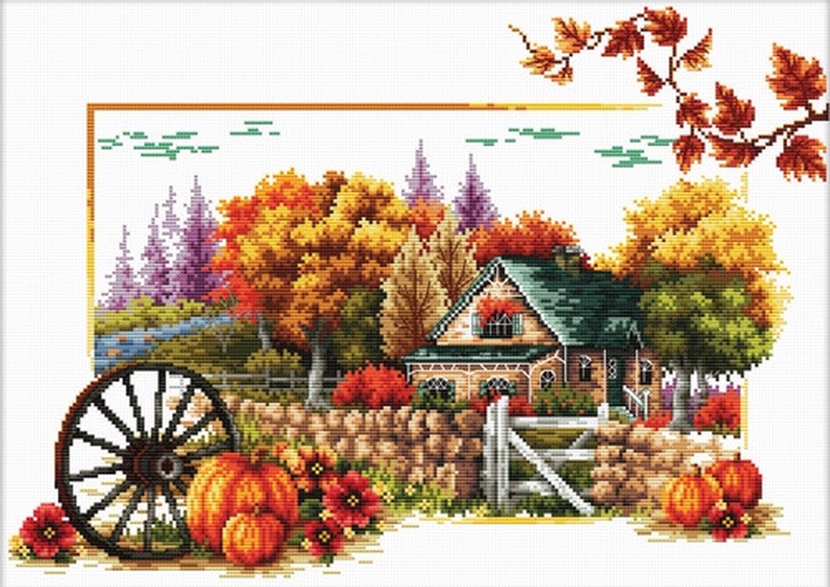 Volledige Borduurpakketen Volwassenen - Voorbedrukt - Hobby en Creatief - Borduurset - Voorbedrukt borduurpakket herfst boerderij op aida Needleart World 540.043