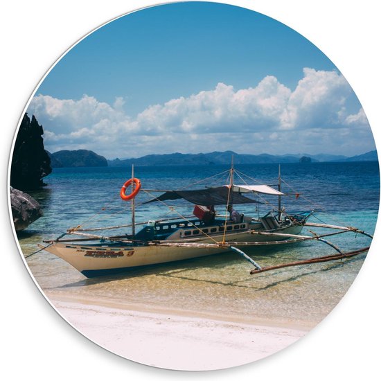 Forex Wall Circle - Skiff Boat at Sea to Montagnes - Photo 30x30cm sur Wall Circle (avec système d'accrochage)