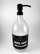 Zeepdispenser | Zeeppompje | Soap | transparant glas | 500ml | Vintage label | Mat zwart metaal pomp | Glas