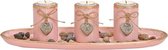 Houten oud roze schaal met 3 waxinelicht/theelicht houders met hartjes - Woondecoratie - Kaarsplateau