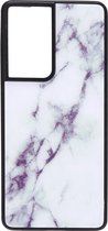 Shop4 - Geschikt voor Samsung Galaxy S21 Ultra Hoesje - Harde Back Case Marmer Wit
