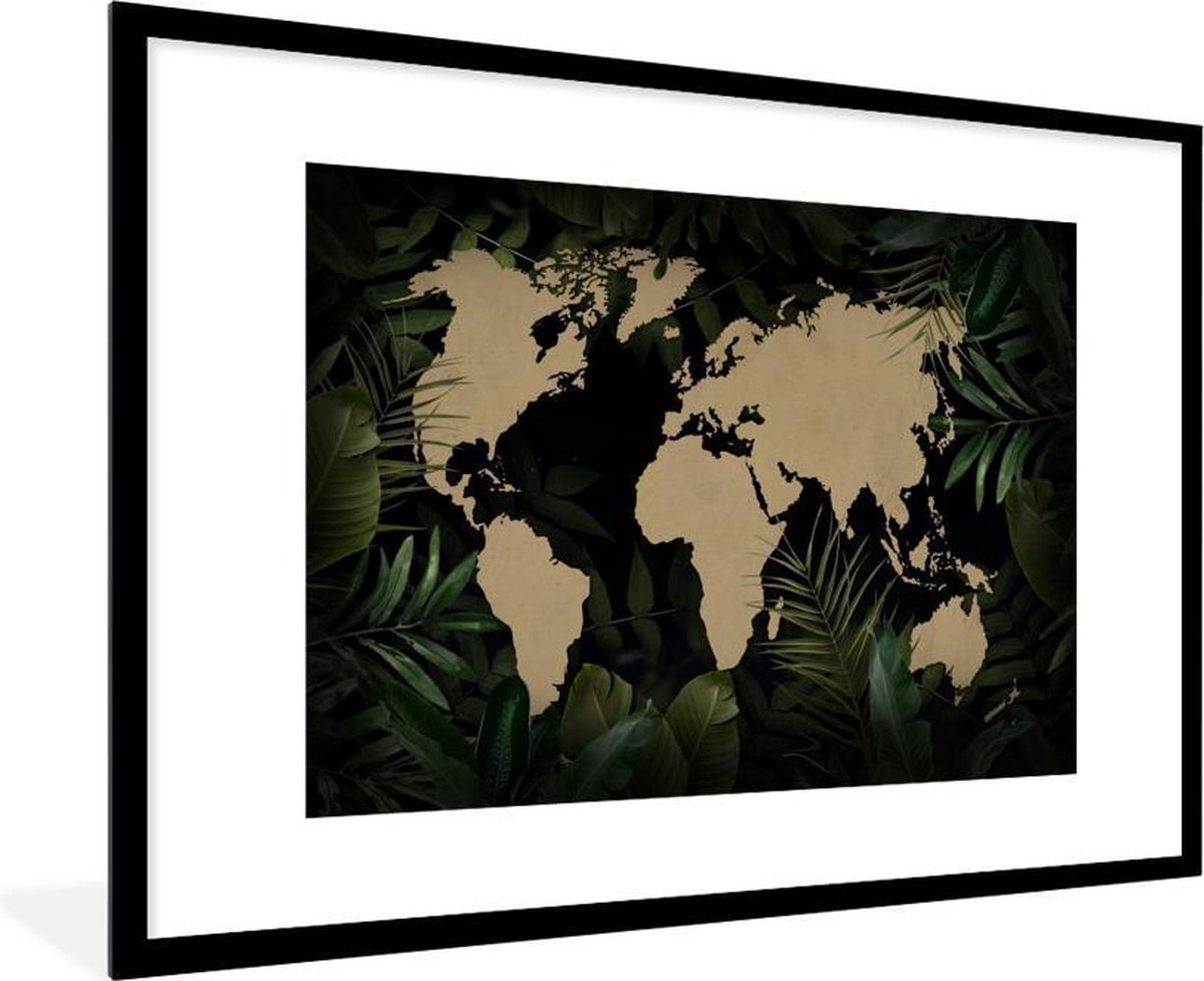 Afbeelding van product PosterMonkey  Poster met lijst Wereldkaart - Bruin - Planten - 90x60 cm