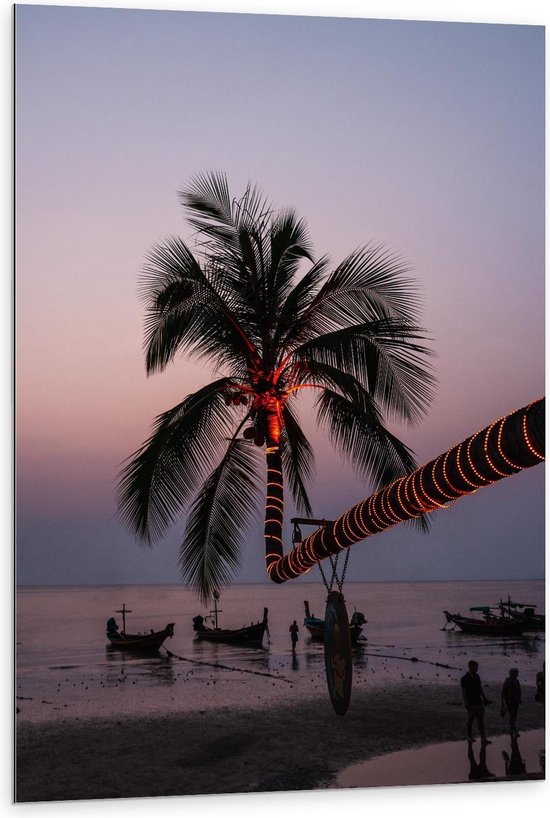 Dibond - Lampjes om Palmboom boven het Water - 80x120cm Foto op Aluminium (Wanddecoratie van metaal)