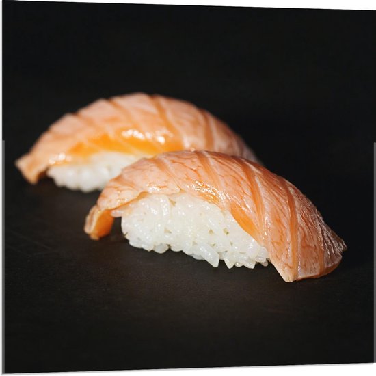 Acrylglas - Geflambeerde Zalm Nigiri Sushi - 80x80cm Foto op Acrylglas (Wanddecoratie op Acrylglas)