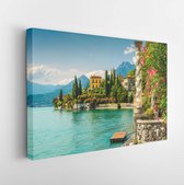 Famous luxury villa Monastero, stunning botanical garden decorated with mediterranean oleander flowers, lake Como, Varenna, Lombardy region, Italy, Europe - Modern Art Canvas - Hor