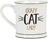 WomensFavorites mok/kop/beker met kat/poes met tekst Crazy Cat Lady -  Wit/zwart /Goud en Keramiek - Een Grappige Cadeau voor Vrouwen/Mannen- Geniale Katten Beker decoratie - 12.5