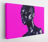 Close up portrait of young beautiful girl with black face painting. Halloween professional makeup. shining black and pink paint on face. pink lips. pink background  - Modern Art Canvas - Horizontal - 1203559483 - 40*30 Horizontal