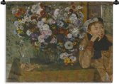 Tapisserie Edgar Degas - Femme assise à côté d'un vase de chrysanthèmes - Peinture d' Edgar Degas Tapisserie en coton 60x45 cm - Tapisserie avec photo