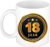 18 jaar jubileum/ verjaardag mok medaille/ embleem zwart goud - Cadeau beker verjaardag, jubileum, 18 jaar in dienst