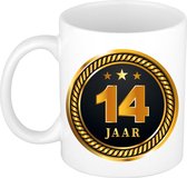 14 jaar jubileum/ verjaardag mok medaille/ embleem zwart goud - Cadeau beker verjaardag, jubileum, 14 jaar in dienst