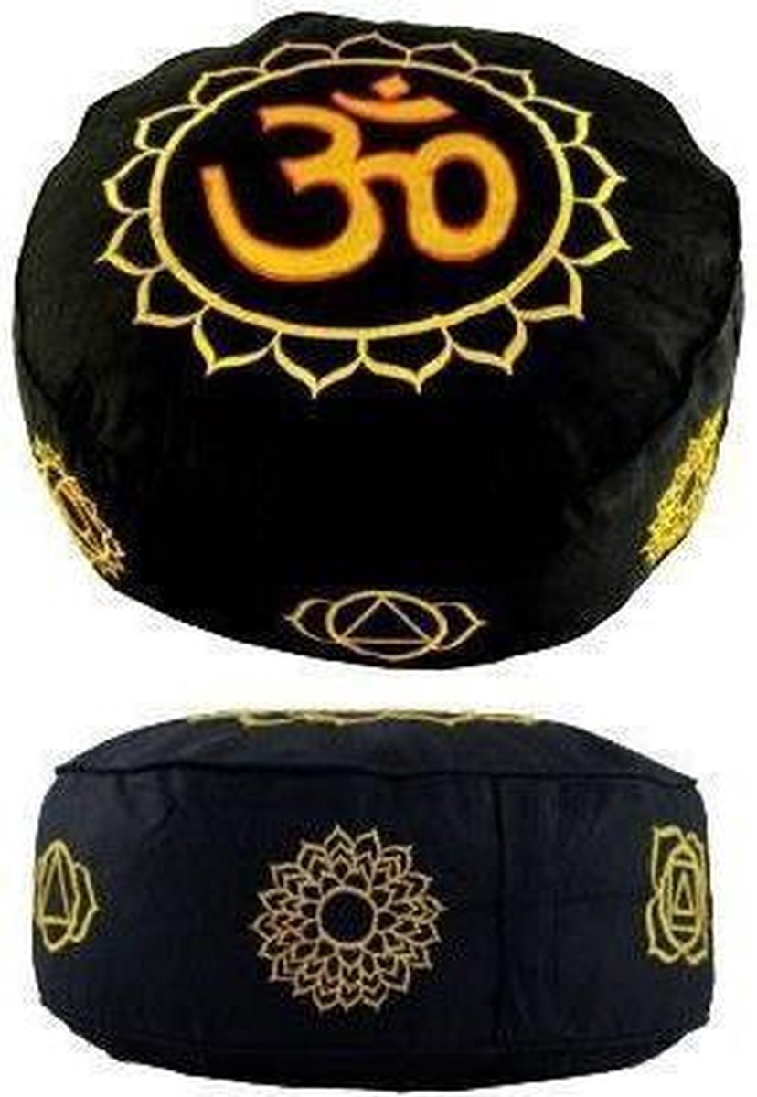 Meditatiekussen Goudkleurig/Zwart 7 Chakra's geborduurd (33x15 cm)