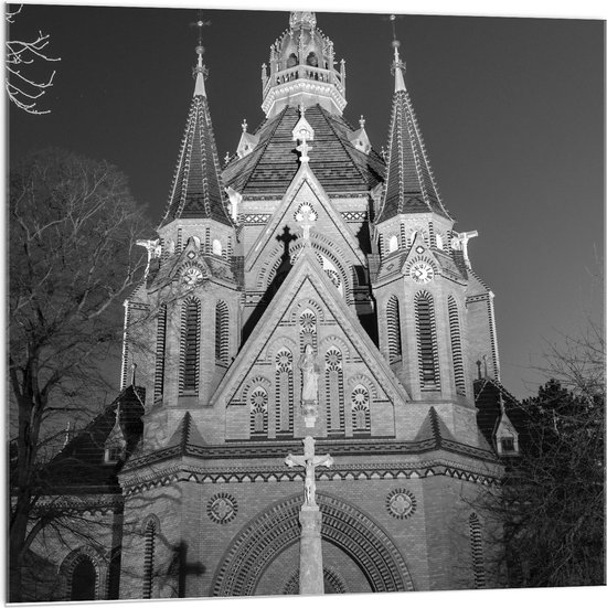 Acrylglas - Mooie Grote Kerk (Zwart Wit) - 100x100cm Foto op Acrylglas (Wanddecoratie op Acrylglas)