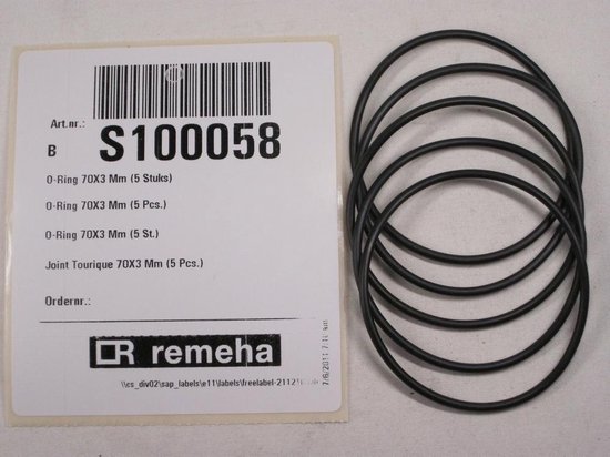 Remeha Avanta en andere series o-ring 70x3mm 5 stuks, t.b.v. Quinta 115 & Quinta Pro 115