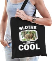 Dieren hangende luiaard  katoenen tasje volw + kind zwart - sloths are cool boodschappentas/ gymtas / sporttas - cadeau luiaarden fan