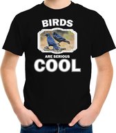 Dieren vogels t-shirt zwart kinderen - birds are serious cool shirt  jongens/ meisjes - cadeau shirt raaf/ vogels liefhebber L (146-152)