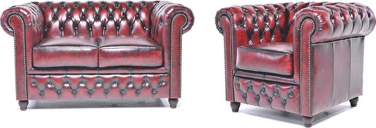 The Original Chesterfield - Brighton - 2-zitsbank en fauteuil - Zetel Salon - Antiek Rood