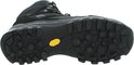 Onderkant van een zwarte Hanwag wandelschoen met een gele Vibram zool.