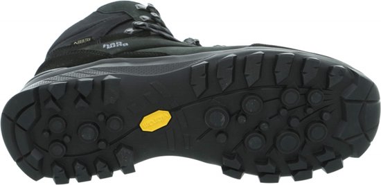 Onderkant van een zwarte Hanwag wandelschoen met een gele Vibram zool.