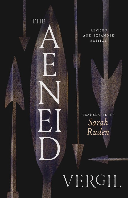 Le livre "The Aeneid", édition révisée et augmentée, traduit par Sarah Ruden. Avec un fond sombre et des flèches décoratives.