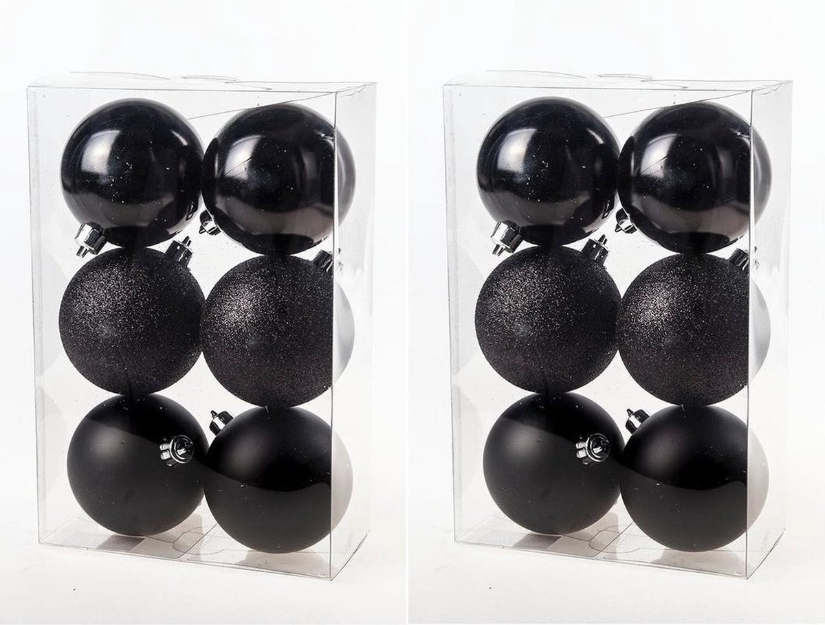 24x Zwarte kunststof kerstballen 8 cm - Mat/glans/glitter - Onbreekbare plastic kerstballen - Kerstboomversiering zwart