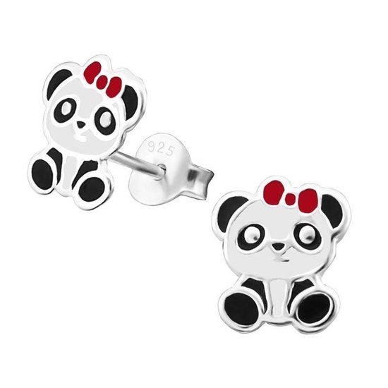 Aramat jewels ® - Kinder oorbellen panda kinderen zilver 9mm zwart wit