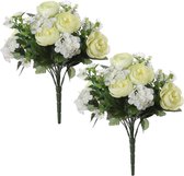 2x Creme hortensia/ranonkel mix boeketten kunstbloemen 35 cm - Cremetinten - Hydrangea/Ranunculus - Woondecoratie