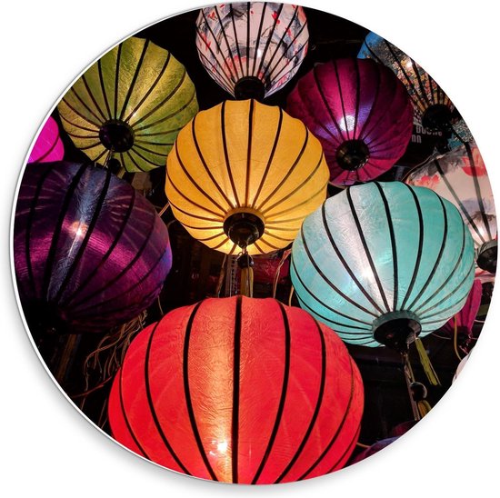 Forex Wandcirkel - Gekleurde Lampionnen - 30x30cm Foto op Wandcirkel (met ophangsysteem)