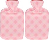 Set van 2x stuks water kruik met fleece hoes roze ruiten print 1,7 liter - 35 x 18 cm - Warmwaterkruiken - Warmtekruik