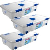 5x Opbergboxen/opbergdozen met deksel en wieltjes 30 liter kunststof transparant/blauw - 73 x 41 x 17 cm - Opbergbakken