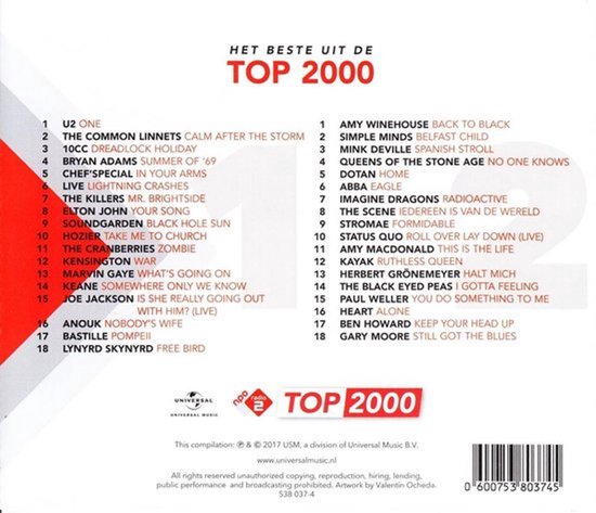Albumcover met "HET BESTE UIT DE TOP 2000" in witte letters op rode achtergrond. Lijsten met artiesten en nummers.