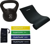 Tunturi - Fitness Set - Kettlebell 12  kg - Fitnessmat 160 x 60 x 0,7 cm - Weerstandsbanden 4 stuks