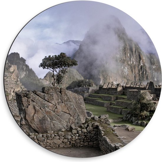 Dibond Wandcirkel - Machu Picchu - 50x50cm Foto op Aluminium Wandcirkel (met ophangsysteem)