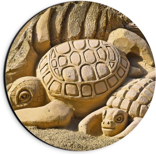 Dibond Wandcirkel - Zandsculpturen van Schildpadden - 20x20cm Foto op Aluminium Wandcirkel (met ophangsysteem)
