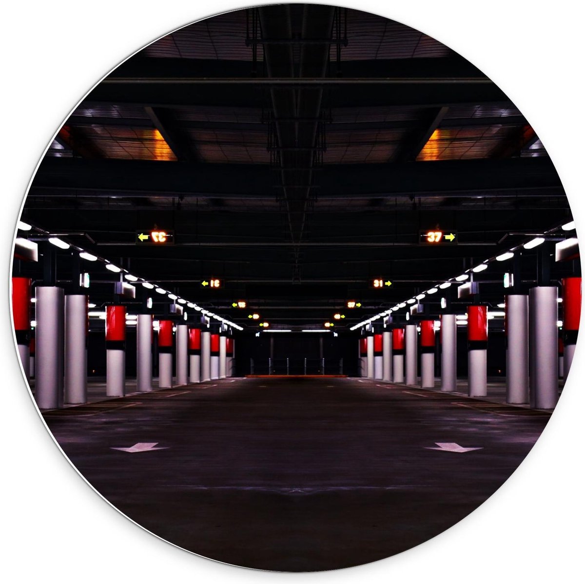 KuijsFotoprint - Schilderij - Parkeergarage Met Rode Palen - Zwart, Wit En Rood - 70 X 70 
