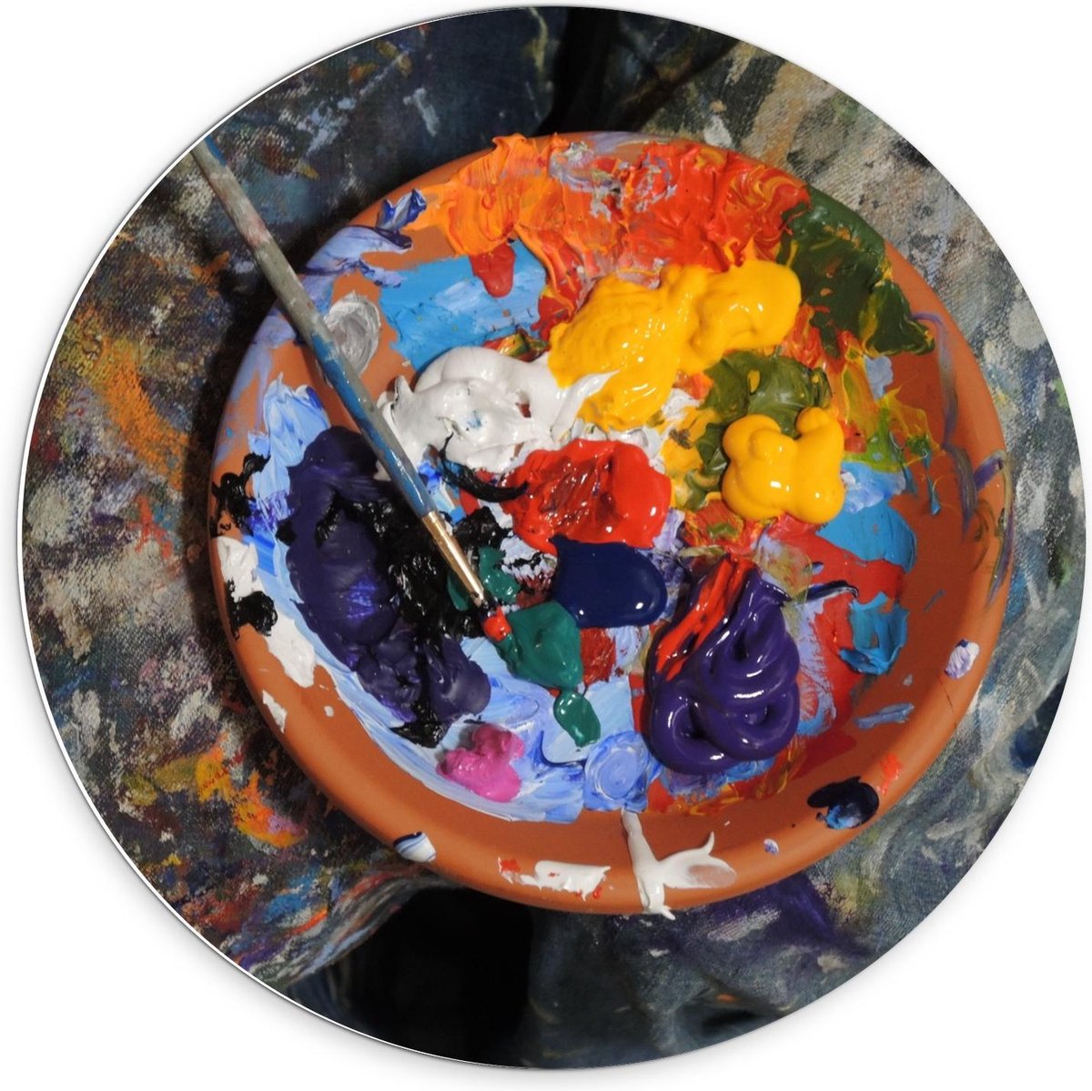Forex Wandcirkel - Schaaltje met Verf en Penseel - 70x70cm Foto op Wandcirkel (met ophangsysteem)