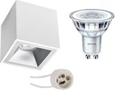 Opbouwspot Set - Pragmi Cliron Pro - GU10 Fitting - Opbouw Vierkant - Mat Wit/Zilver - Verdiept - 90mm - Philips - CorePro 830 36D - 3.5W - Warm Wit 3000K - BES LED